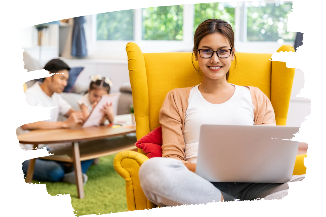 Happy family with mum working from home